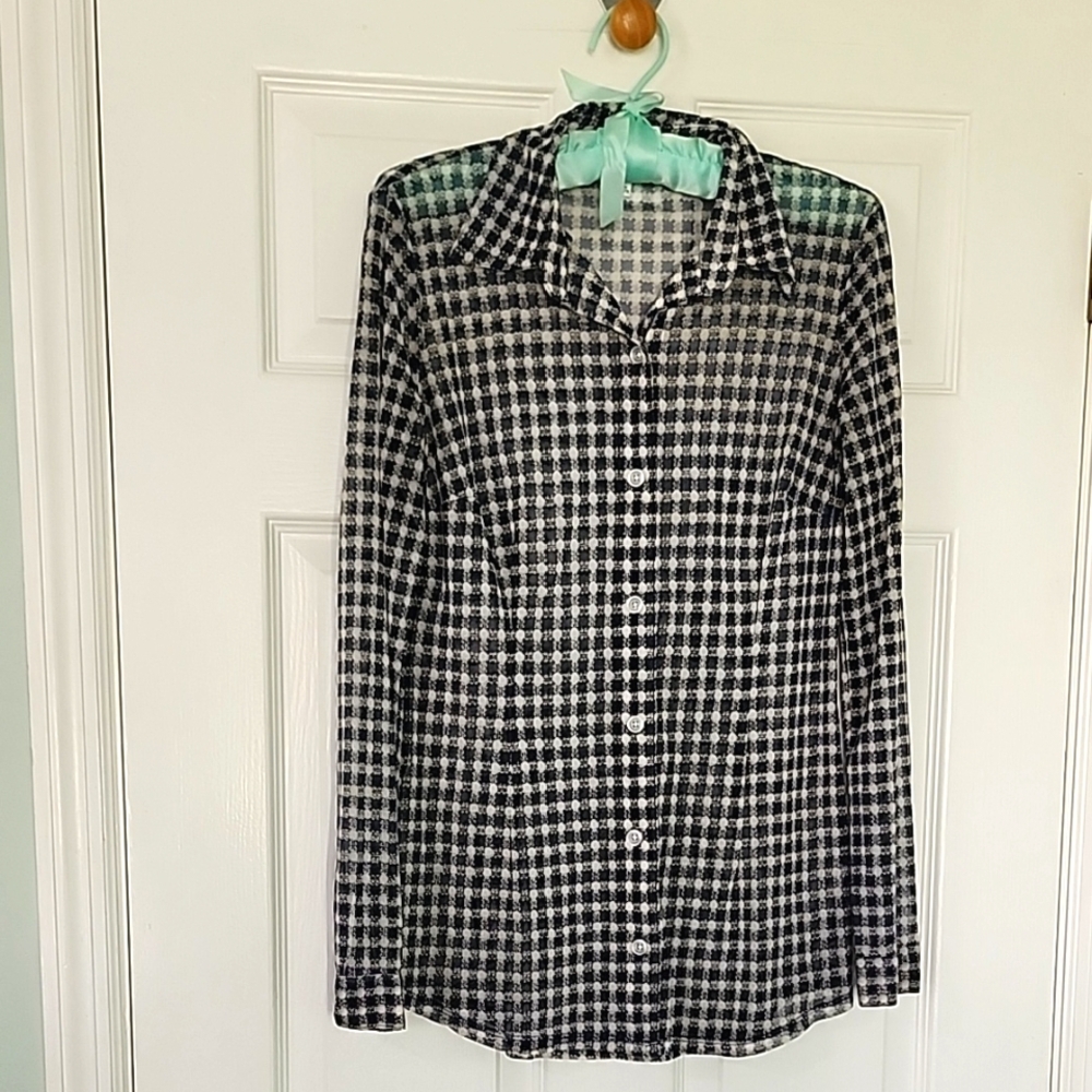 Navy and White Mesh Shirt Button-Up  CAbi Style 736 Small - Picture 2 of 4